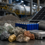 Amostras de minerais críticos ao lado de componentes industriais associados à produção de tecnologias de energia limpa