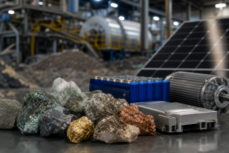 Amostras de minerais críticos ao lado de componentes industriais associados à produção de tecnologias de energia limpa